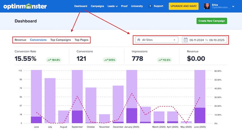dashboard-filters - OptinMonster View specific reports and filter by site and date range.