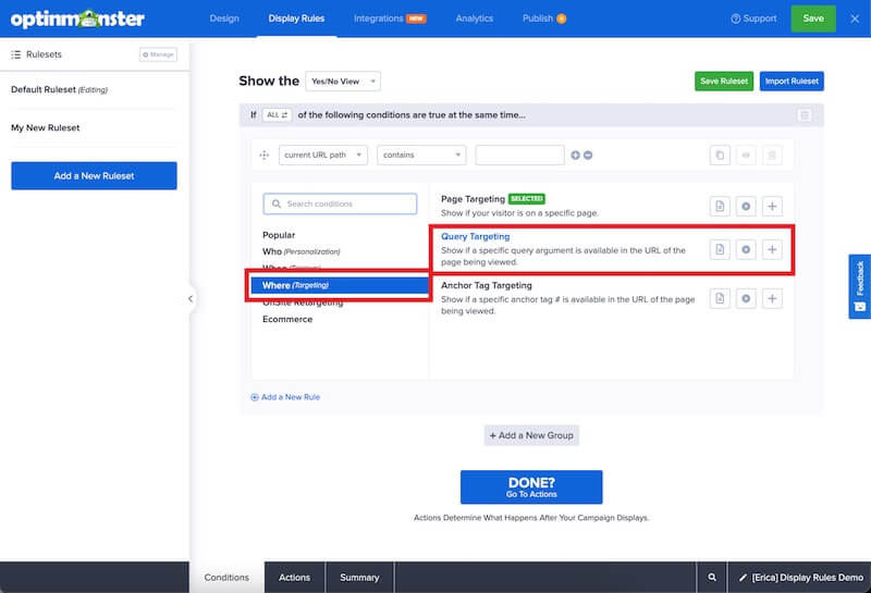 Query Targeting rule in OptinMonster. - OptinMonster Query Targeting rule in OptinMonster.