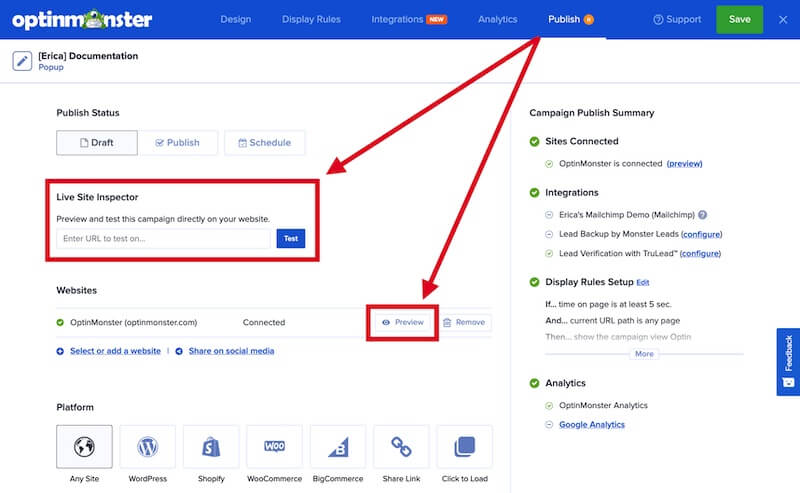 OptinMonster testing features for campaigns. - OptinMonster OptinMonster testing features for campaigns.
