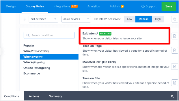 exit-intent-popup-for-email-signups - OptinMonster Screenshot of how to find Exit Intent in the Display Rules