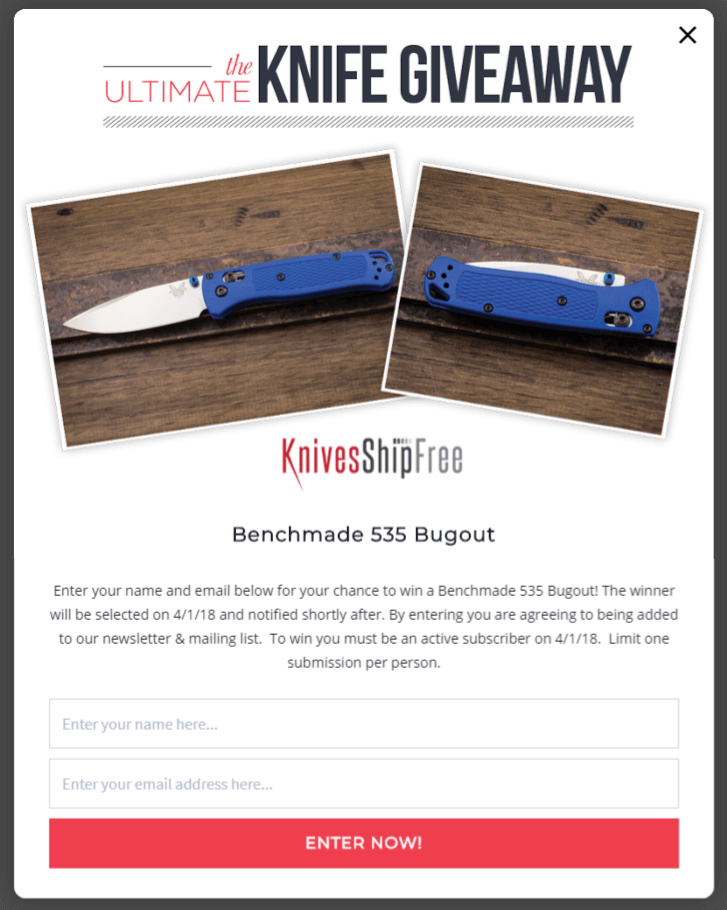 KniveShipFree used a lightbox optin for a giveaway - OptinMonster KniveShipFree used a lightbox optin for a giveaway