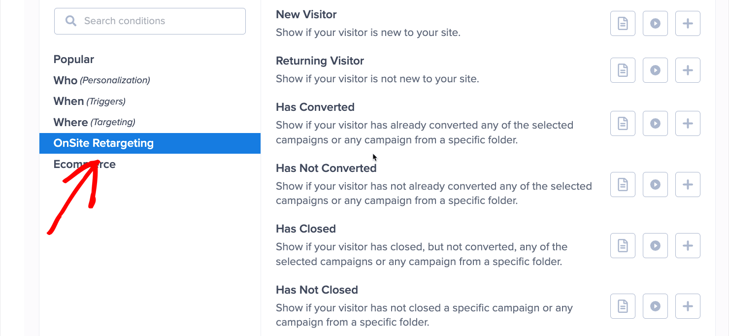 optinmonster-onsite-retargeting-display-rules - OptinMonster Screenshot of OptinMonster's Onsite Retargeting display rules