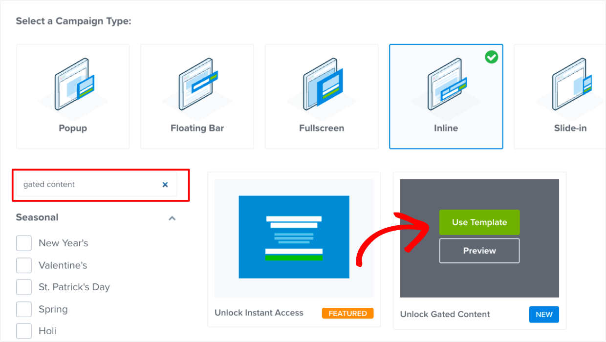 unlock-gated-content-template-optinmonster - OptinMonster Selecting the "Unlock Gated Content" template in OptinMonster