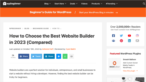 wpbeginner-long-form-content-type - OptinMonster Screenshot of the WPBeginner blog post titled "How to Choose the Best Website Building in 2023 (Compared)